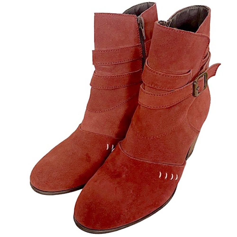 Sundance Brick Red Suede Stitch Block Heel Ankle Bootie View 2